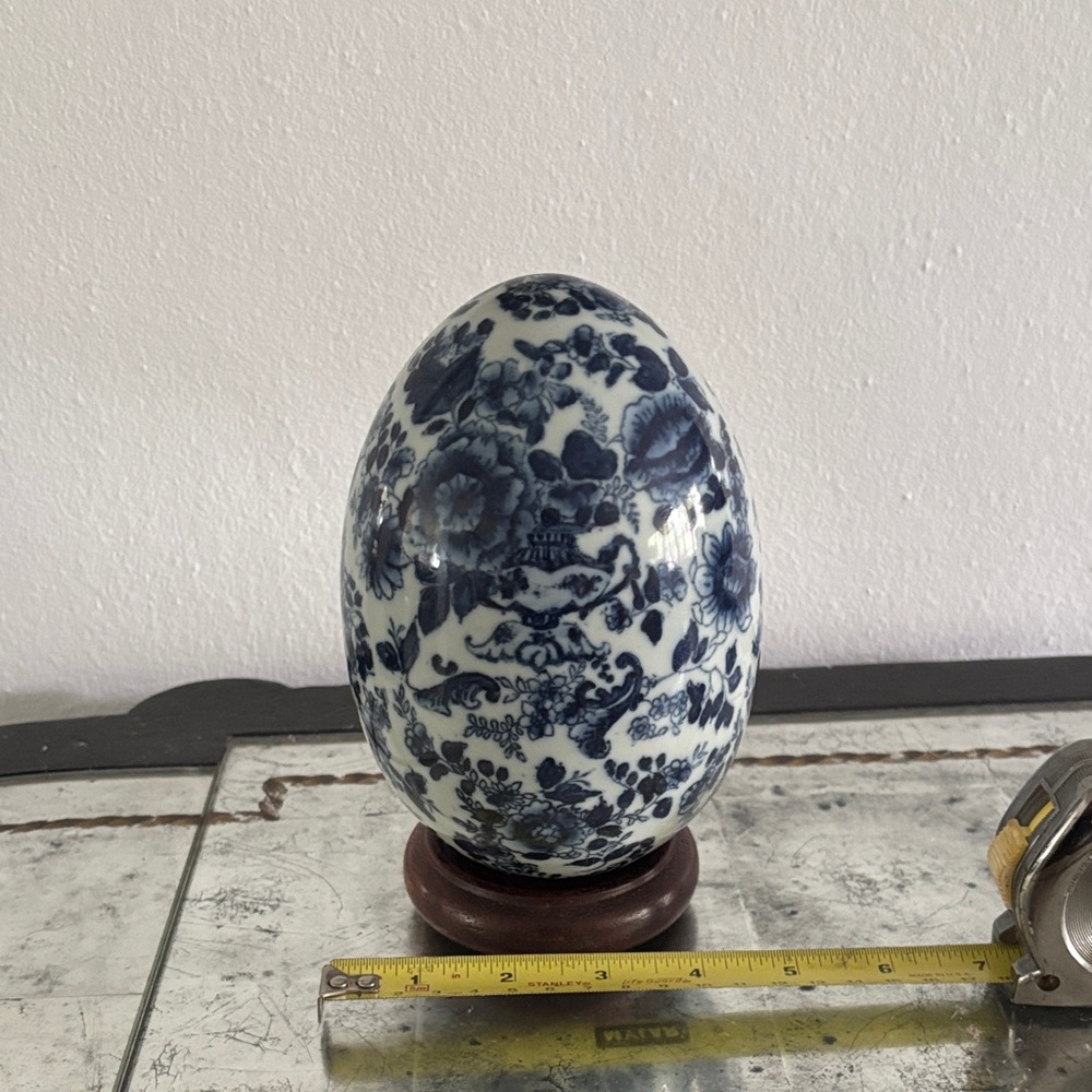Classic Blue and White Ceramic Egg with Floral Design